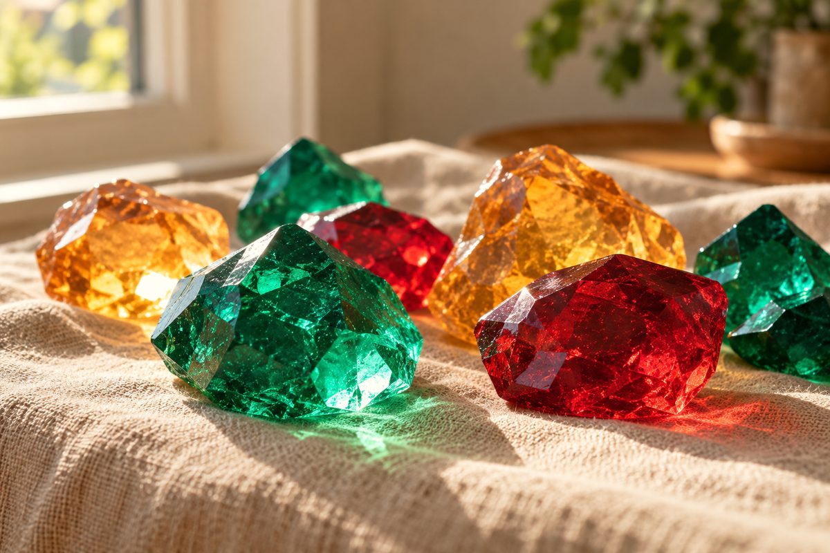 Dual-cast translucent acrylic gaming resource crystals in multiple gemstone hues