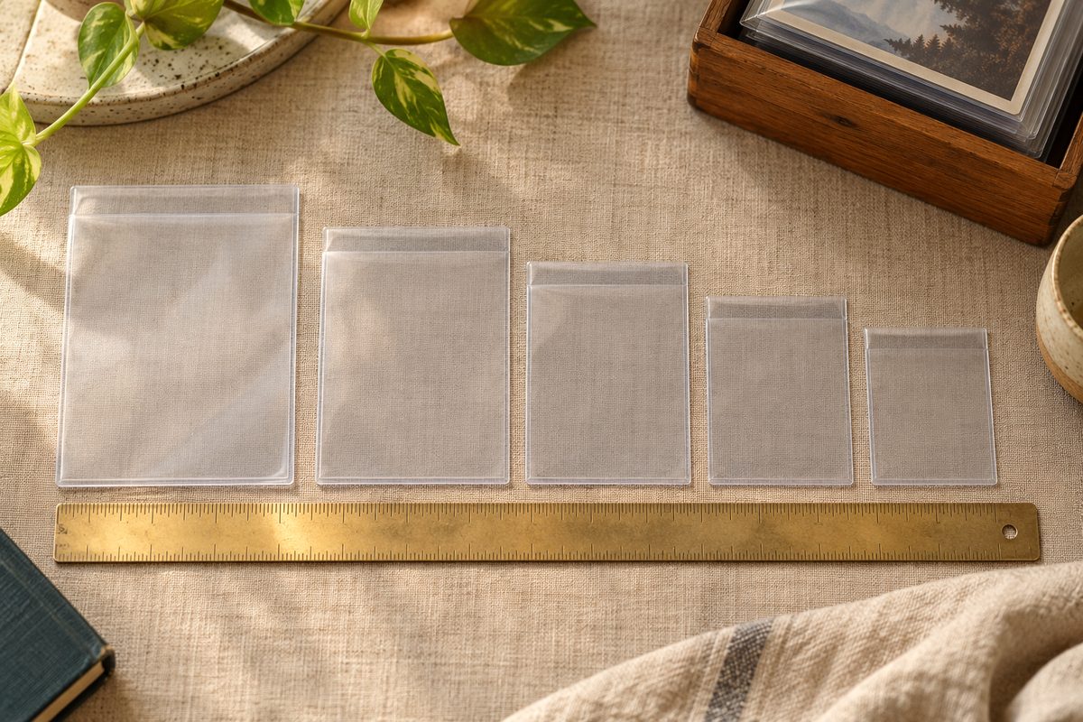 Five standard card sleeve sizes displayed alongside an engraved brass metric rule