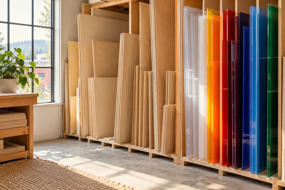 Workshop racks holding raw sheets of Baltic birch and cast acrylic material blanks