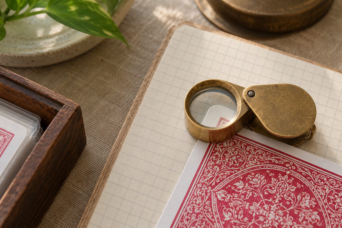 Brass jeweler loupe inspecting seam weld on card sleeve over millimeter grid paper