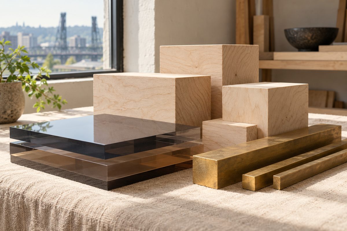 Raw material stock comprising Baltic birch plywood, cast acrylic, and solid brass rod