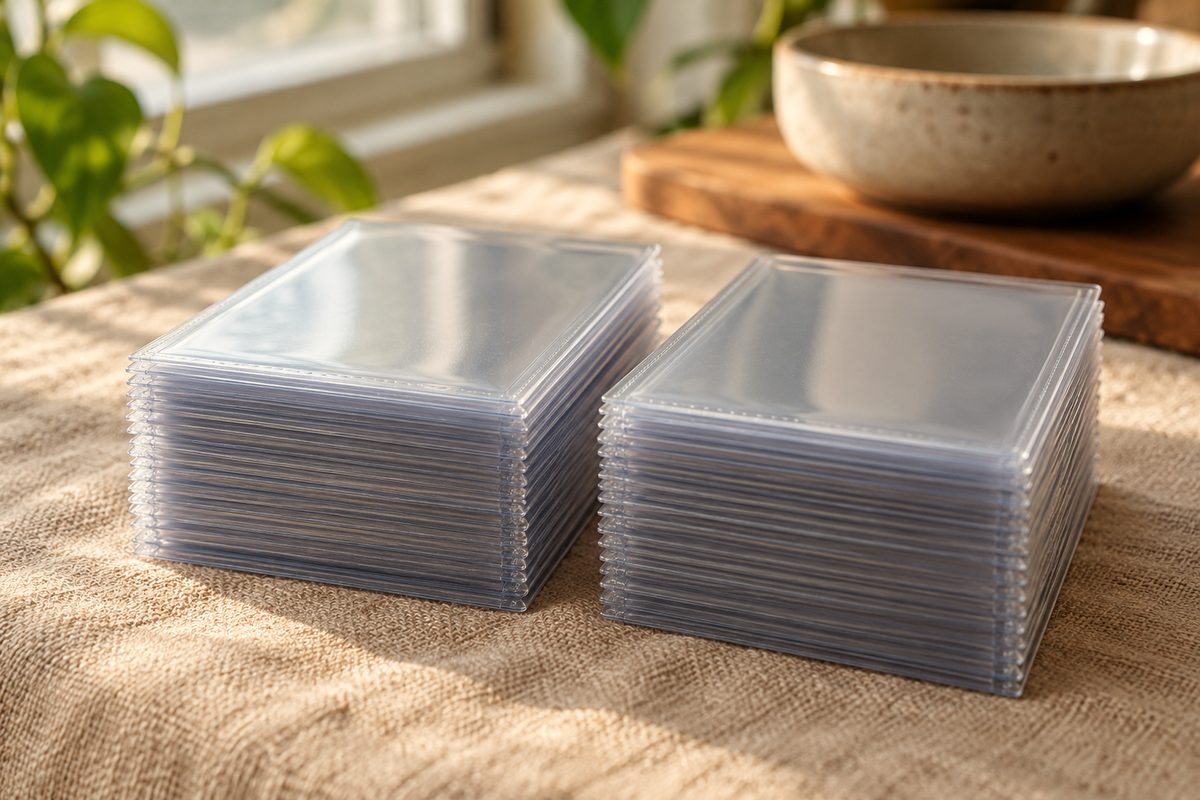 Mini European format 44x68mm card sleeves stacked cleanly on linen work mat
