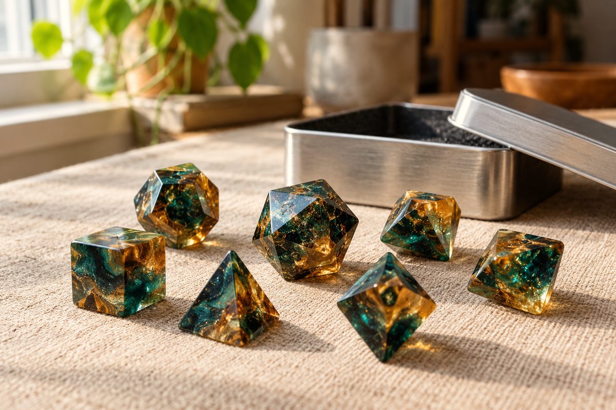 Sharp-edge balanced polyhedral resin gaming dice set resting in metal storage case