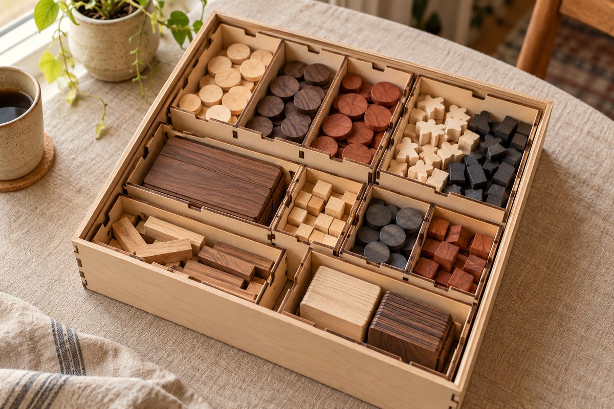 Laser-cut Baltic birch modular box organizer insert fitted flush inside square game box