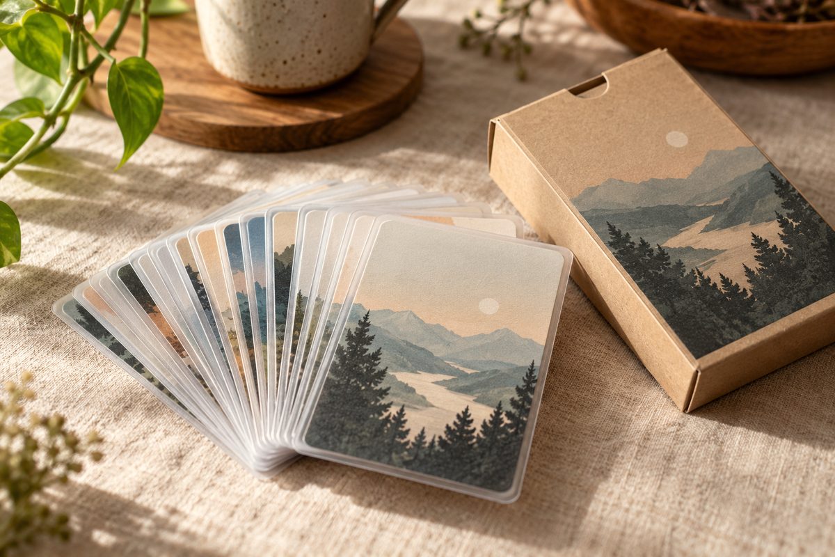 Standard matte card sleeves showing 100-micron textured non-glare finish on fanned deck