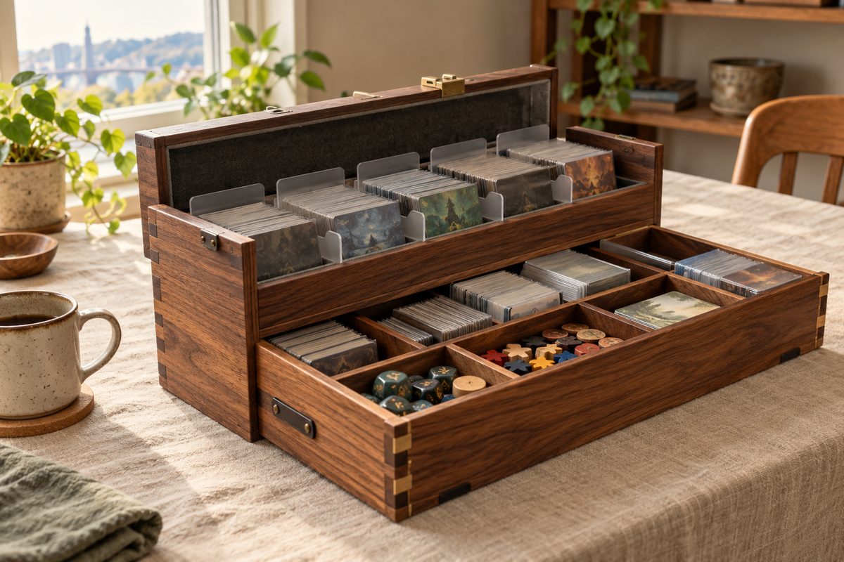 Multi-expansion campaign game wooden storage crate with acrylic card dividers