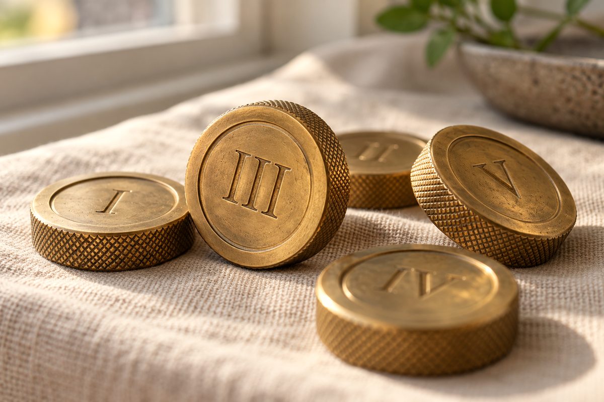Solid turned brass gaming currency tokens with tactile knurled edges