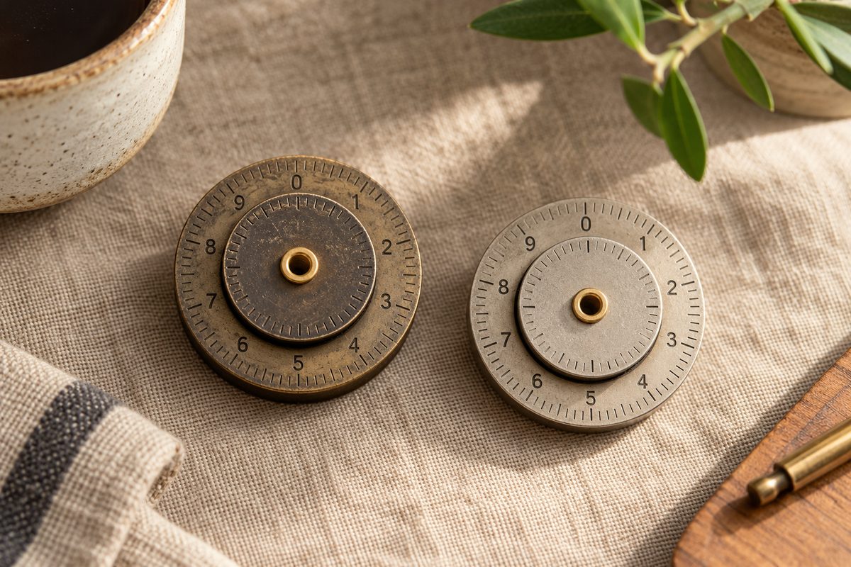 Laser-etched dual-layer rotary counter dials with center brass hardware