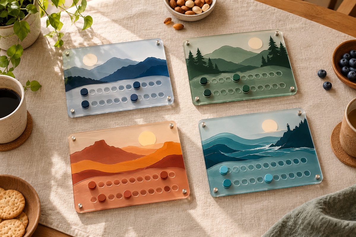 Set of four dual-layer acrylic player tracker boards arranged symmetrically on game table